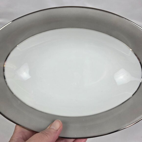 Sango Plantina Oval Serving Bowl 10 Inch White with Gray Band & Platinum Trim - Picture 7 of 11